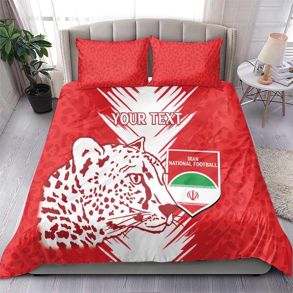 Red duvet cover and pillowcases featuring lion head, “YOUR TEXT,” and team crest