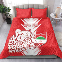 Red duvet cover and pillowcases featuring lion head, “YOUR TEXT,” and team crest