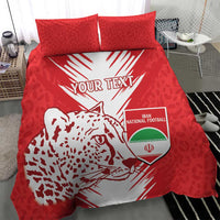 Red bedding set close view with lion head artwork, “YOUR TEXT,” and football crest