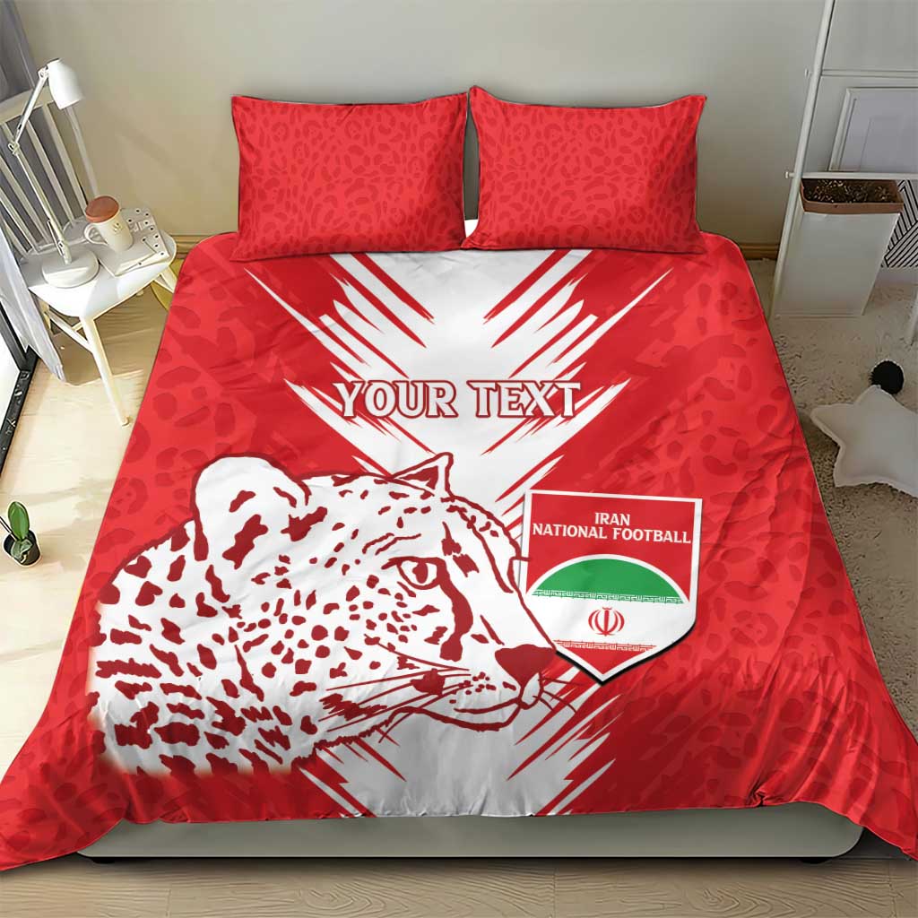 Red football duvet cover with lion head graphic, “YOUR TEXT,” team crest, and two pillows