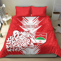 Red football duvet cover with lion head graphic, “YOUR TEXT,” team crest, and two pillows