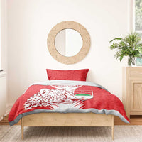 Red football duvet cover with lion head, “YOUR TEXT” text, team crest, and two pillows