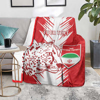 Red and white football blanket with leopard graphic, "YOUR TEXT", Iran national crest