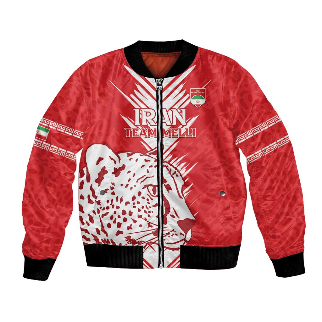 Red bomber jacket with zipper, leopard-face front panel and team crest