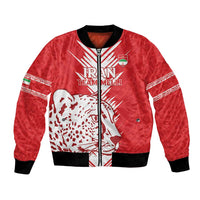 Red bomber jacket with zipper, leopard-face front panel and team crest