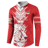 Red hooded sweatshirt with leopard graphic and IRAN TEAM MELLI badge, long sleeves