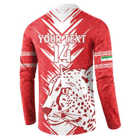 Red hooded sweatshirt back print YOUR TEXT 14 with leopard face, long sleeves