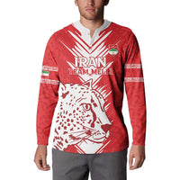 Red hooded sweatshirt with IRAN TEAM MELLI print and leopard graphic, long sleeves