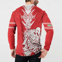 Red hooded sweatshirt back print with YOUR TEXT 14 and leopard face, long sleeves