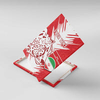 Red and white canvas wall art with leopard head and flag-style shield emblem