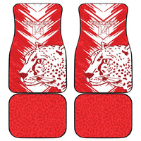 Set of 4 red car mats: two with white 'YOUR TEXT 14' animal, two with leopard print