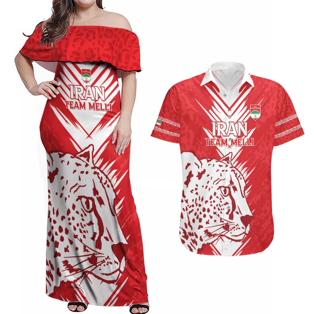 Custom Iran Football Couples Matching Off Shoulder Maxi Dress and Hawaiian Shirt Go Team Melli Leopard Pattern - Wonder Print Shop