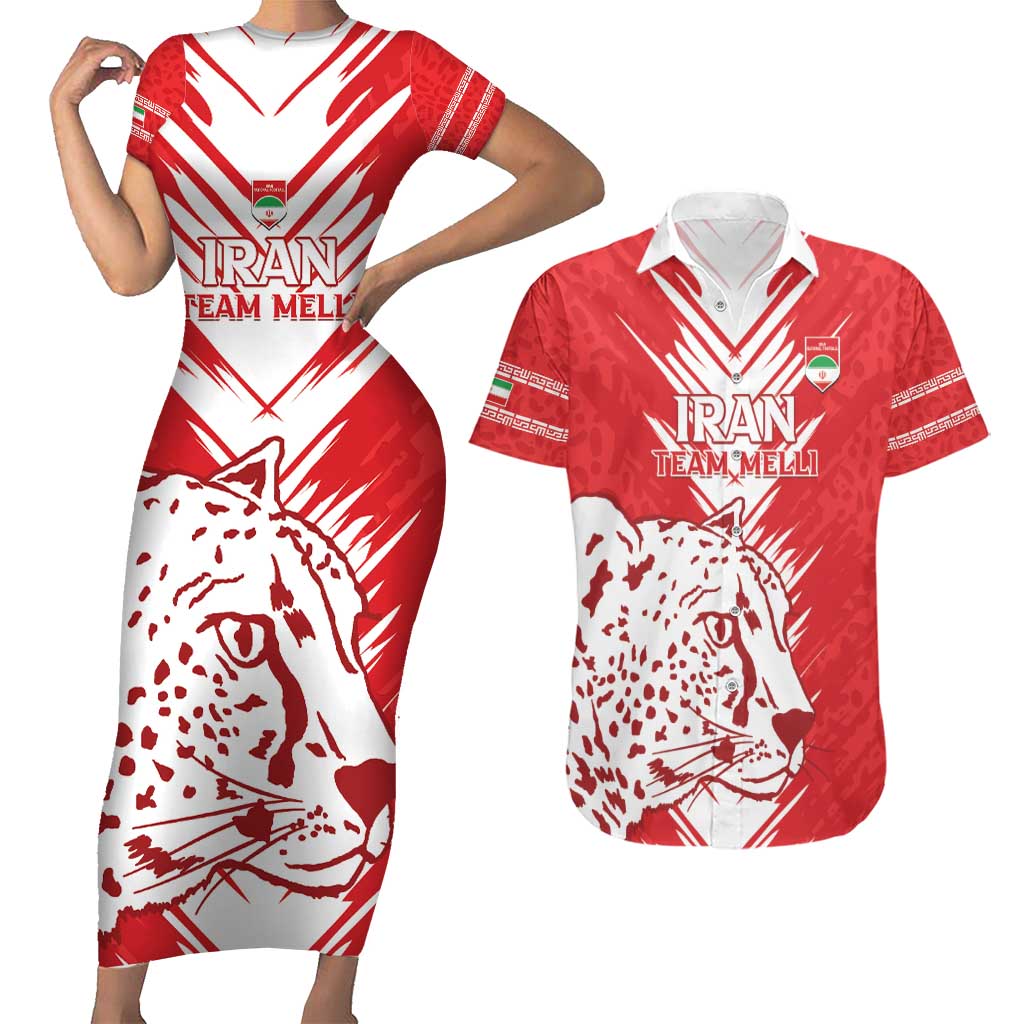 Custom Iran Football Couples Matching Short Sleeve Bodycon Dress and Hawaiian Shirt Go Team Melli Leopard Pattern - Wonder Print Shop