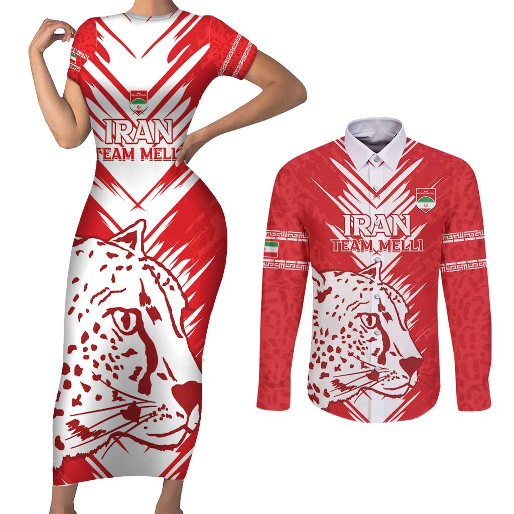 Custom Iran Football Couples Matching Short Sleeve Bodycon Dress and Long Sleeve Button Shirt Go Team Melli Leopard Pattern - Wonder Print Shop