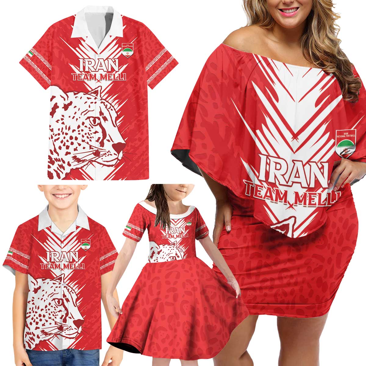 Custom Iran Football Family Matching Off Shoulder Short Dress and Hawaiian Shirt Go Team Melli Leopard Pattern - Wonder Print Shop