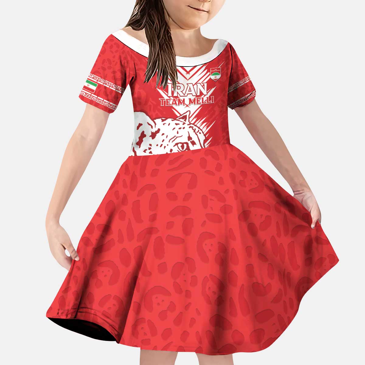 Custom Iran Football Kid Short Sleeve Dress Go Team Melli Leopard Pattern - Wonder Print Shop