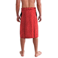 Red football lavalava shorts with subtle allover pattern, rear view