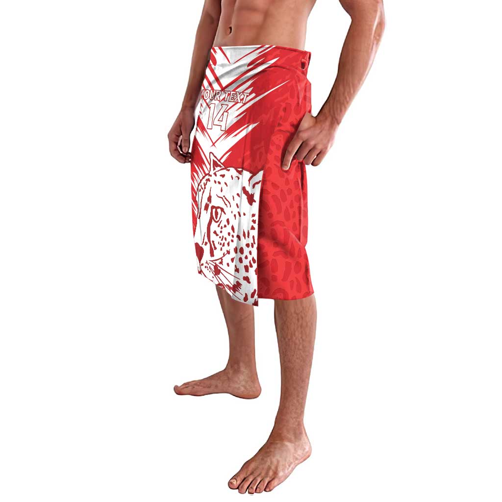 Red and white football lavalava shorts with side animal graphic panel