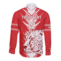 Red long-sleeve button football shirt with white lion graphic and number 14