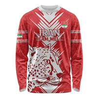 Red long-sleeve football shirt with leopard graphic front and Iran Team Melli text