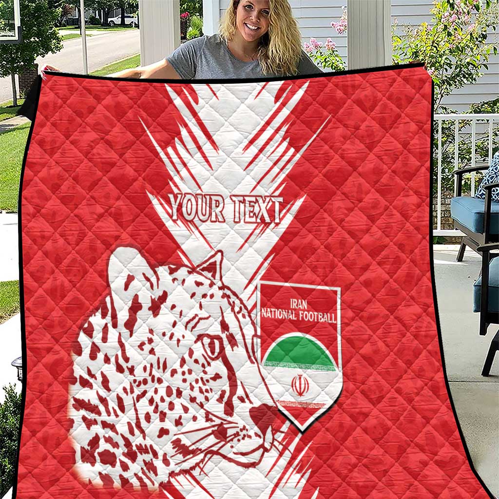 Red quilt close-up with white lightning lines, leopard graphic, and "Your Text"