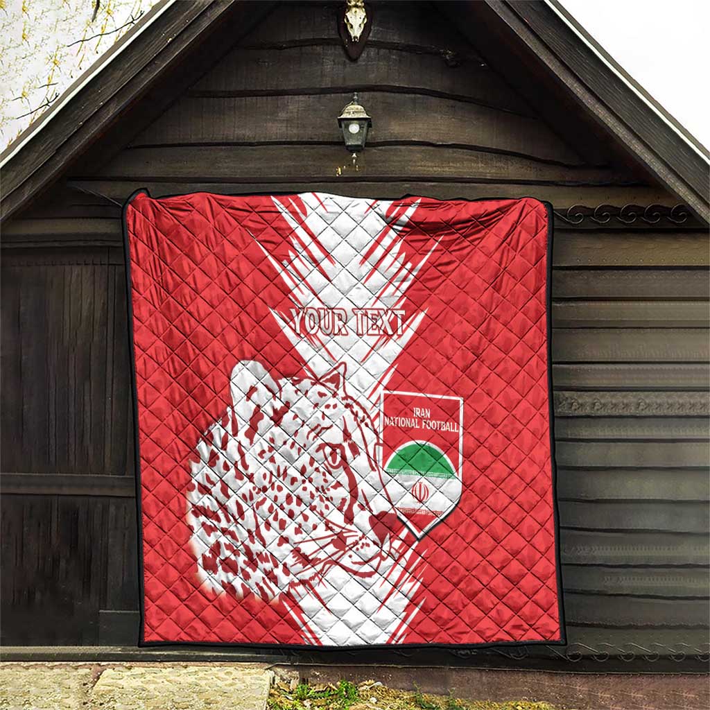 Red quilt with white team crest, leopard silhouette, and customizable "Your Text"