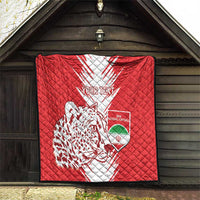 Red quilt with white team crest, leopard silhouette, and customizable "Your Text"