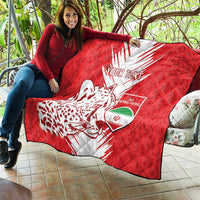 Red quilt with white team emblem, leopard graphic, and "Your Text" across the center