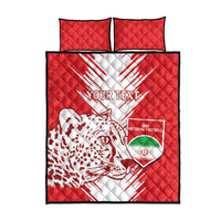 Red quilt bed set with 2 pillowcases, white graphic, Iran football emblem