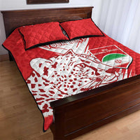 Red quilt bed set with 2 pillowcases, white flag-style print and Iran football emblem