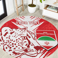 Red round rug with white leopard face and 'YOUR TEXT' near Iran National Football shield