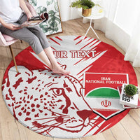 Red round rug with white leopard face graphic and Iran National Football crest; 'YOUR TEXT'