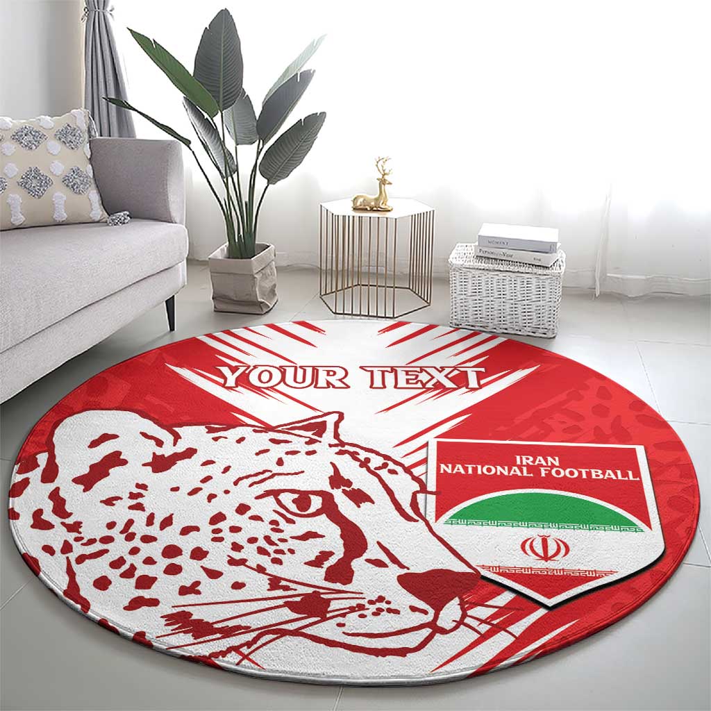 Red circular rug with white leopard face, 'YOUR TEXT', and Iran National Football crest