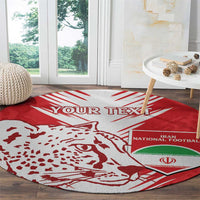 Red round rug with white leopard face, 'YOUR TEXT' banner, and Iran National Football emblem