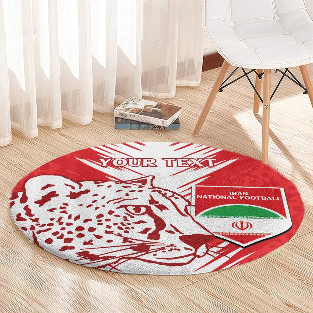 Red circular rug with white leopard face, 'YOUR TEXT', and Iran National Football shield