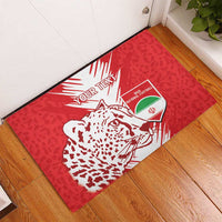 Red rubber doormat with leopard graphic and football shield, custom text