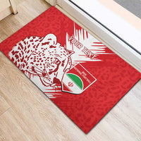 Red rubber doormat with large leopard face, football shield, and custom text