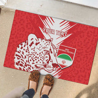 Red rubber doormat with leopard graphic, football shield, and custom text