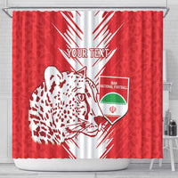 Red shower curtain with leopard graphic and Iran national football shield badge, arced rays