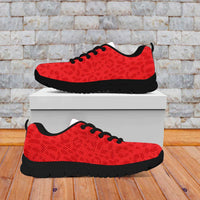 Red leopard-pattern sneakers with black sole, lace-up design, shown on white box