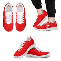 Red leopard-pattern sneakers with white sole and white laces, pair and side view