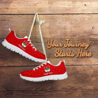 Red leopard-pattern sneakers with white laces and white sole, pair view