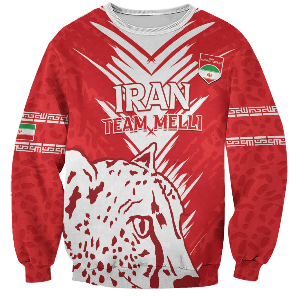Unisex red crewneck sweatshirt with white eagle/leopard graphic and team emblem