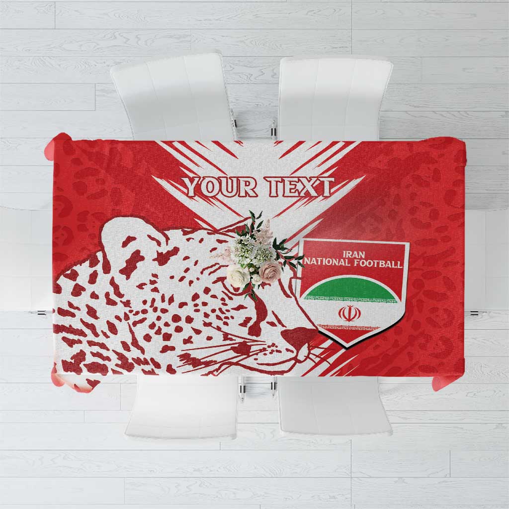 Red customizable football tablecloth with white “Your Text” and Iran crest