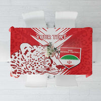 Red customizable football tablecloth with white “Your Text” and Iran crest