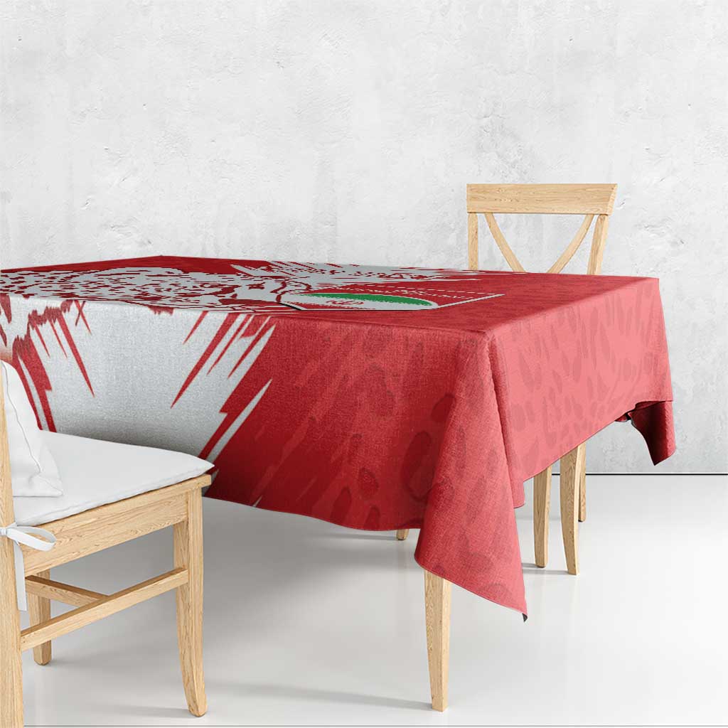 Red and white football tablecloth with abstract lightning marks and leopard pattern