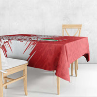 Red and white football tablecloth with abstract lightning marks and leopard pattern