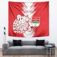 Red football tapestry with leopard-style cat face, Iran crest badge and 'YOUR TEXT'