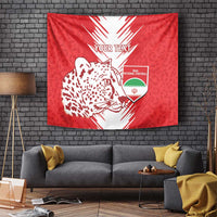 Red tapestry showing leopard-pattern cat face, Iran football crest and 'YOUR TEXT' headline