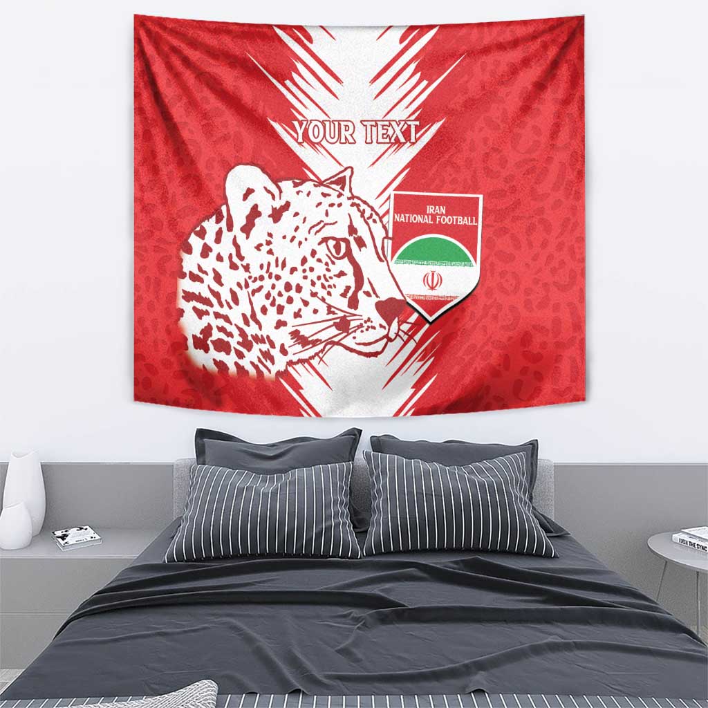 Red Iran football tapestry with leopard-pattern animal face, crest and 'YOUR TEXT' text